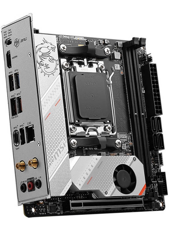 إم اس أي - لوحة أم MPG B650I EDGE WIFI AM5 Mini-ITX، شريحة AMD B650، فتحتان DDR5، ذاكرة بحد أقصى 64 جيجابايت، Wi-Fi 6E، شبكة LAN بسرعة 2.5 جيجابت في الثانية، فتحتان M.2، 1x PCI-E x16، 1x HDMI، USB 3.2/2.0 | 911-7D73-006 - Image 1