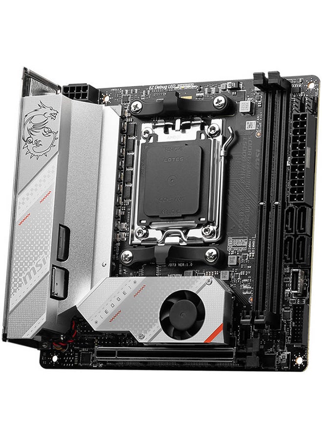 إم اس أي - لوحة أم MPG B650I EDGE WIFI AM5 Mini-ITX، شريحة AMD B650، فتحتان DDR5، ذاكرة بحد أقصى 64 جيجابايت، Wi-Fi 6E، شبكة LAN بسرعة 2.5 جيجابت في الثانية، فتحتان M.2، 1x PCI-E x16، 1x HDMI، USB 3.2/2.0 | 911-7D73-006 - Image 1