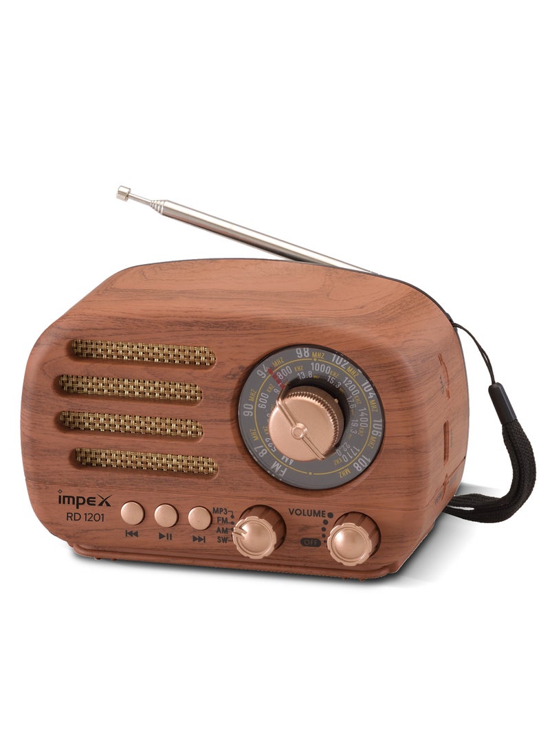 Impex - Rechargeable Bluetooth Speaker With FM Radio,3 Band FM/AM/SW, Powerful Sound, Wooden Stylish Design, Support USB/TF Card,1200 mAh Long Life Battery, RD 1201 Wooden - Image 1