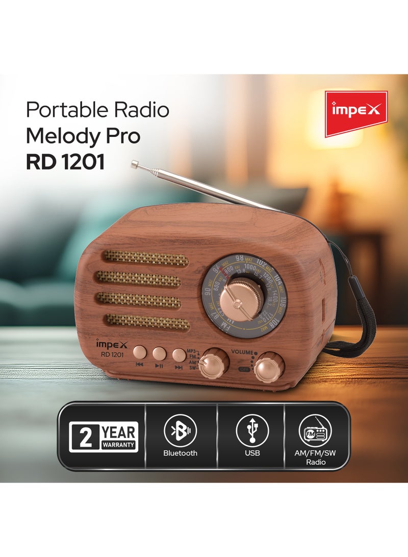Impex - Rechargeable Bluetooth Speaker With FM Radio,3 Band FM/AM/SW, Powerful Sound, Wooden Stylish Design, Support USB/TF Card,1200 mAh Long Life Battery, RD 1201 Wooden - Image 1