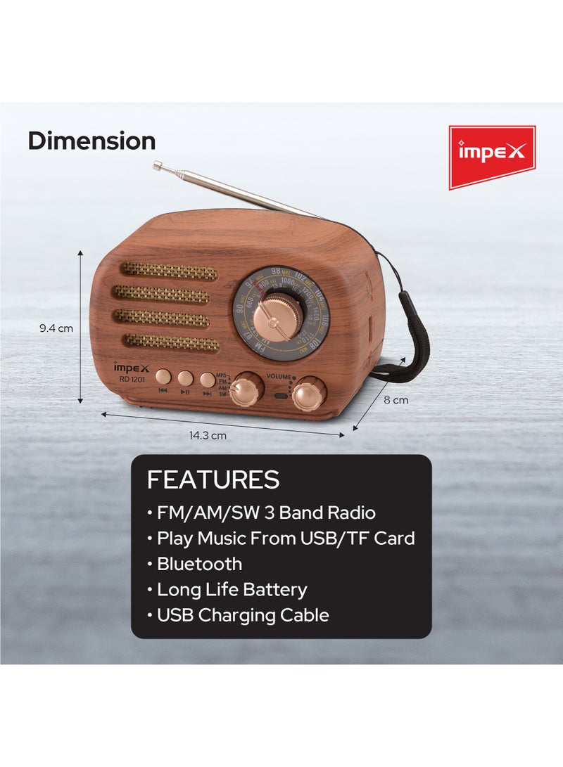Impex - Rechargeable Bluetooth Speaker With FM Radio,3 Band FM/AM/SW, Powerful Sound, Wooden Stylish Design, Support USB/TF Card,1200 mAh Long Life Battery, RD 1201 Wooden - Image 1