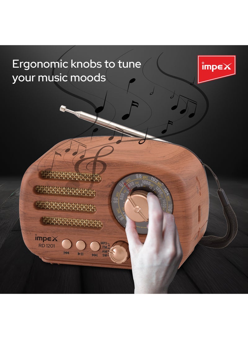 Impex - Rechargeable Bluetooth Speaker With FM Radio,3 Band FM/AM/SW, Powerful Sound, Wooden Stylish Design, Support USB/TF Card,1200 mAh Long Life Battery, RD 1201 Wooden - Image 1