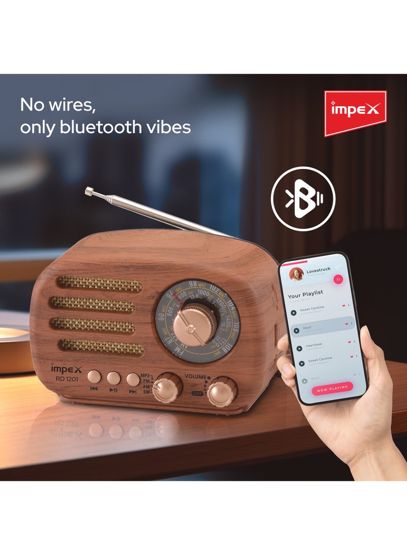 Impex - Rechargeable Bluetooth Speaker With FM Radio,3 Band FM/AM/SW, Powerful Sound, Wooden Stylish Design, Support USB/TF Card,1200 mAh Long Life Battery, RD 1201 Wooden - Image 1