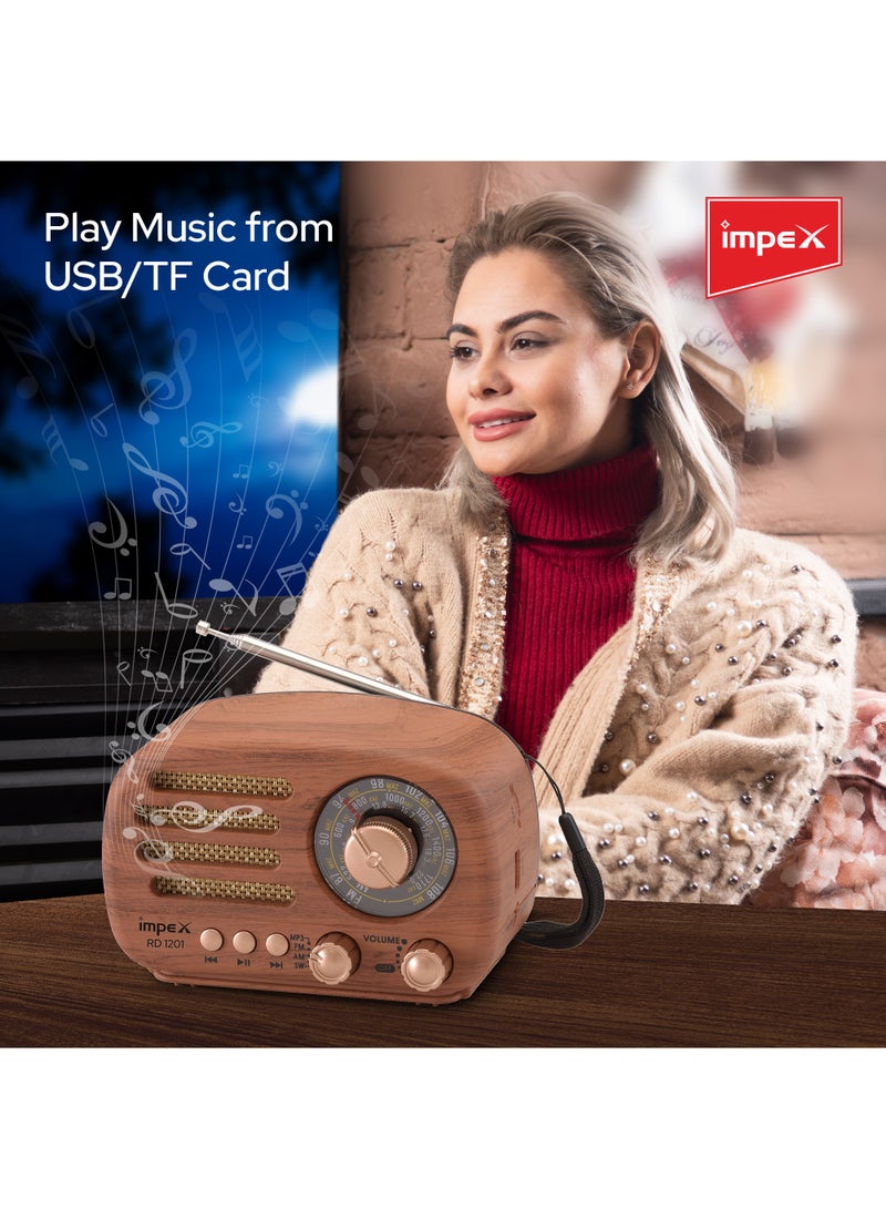 Impex - Rechargeable Bluetooth Speaker With FM Radio,3 Band FM/AM/SW, Powerful Sound, Wooden Stylish Design, Support USB/TF Card,1200 mAh Long Life Battery, RD 1201 Wooden - Image 1