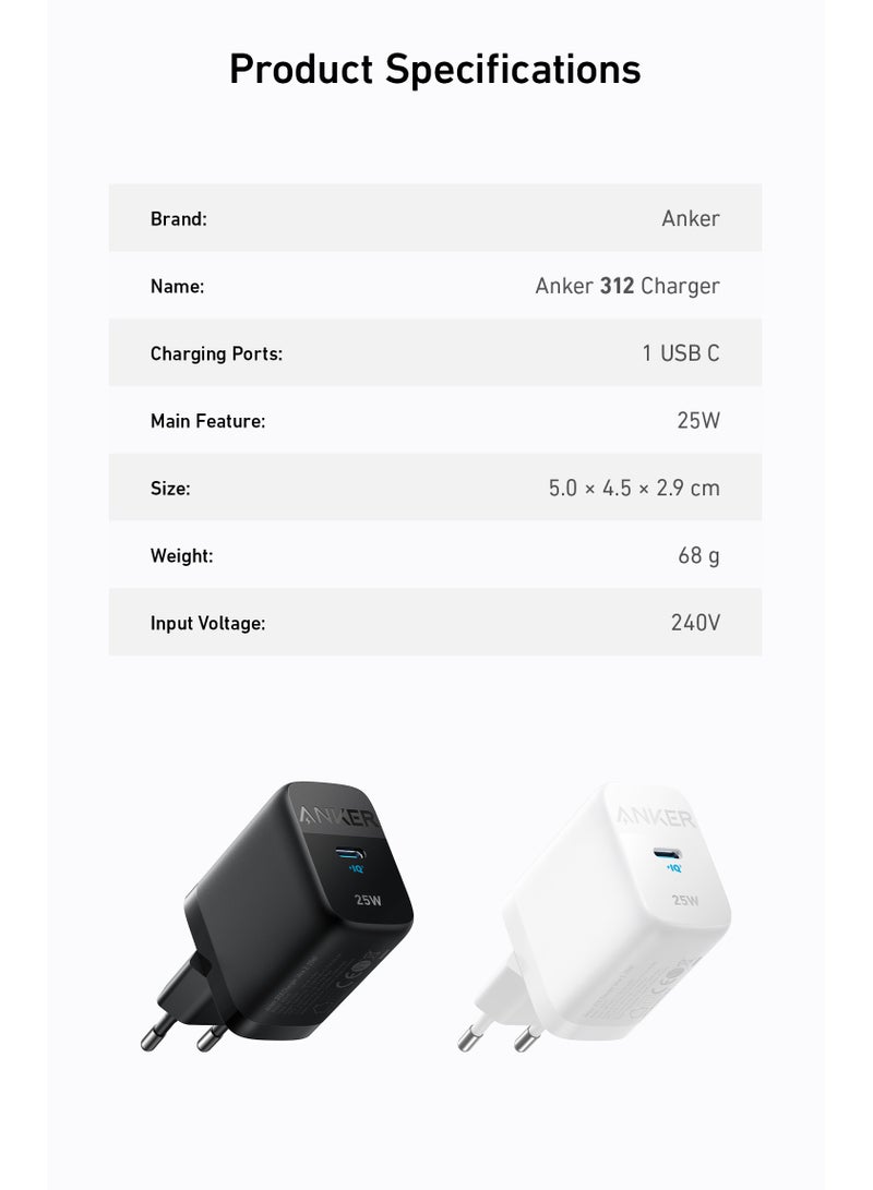 آنكر - شاحن Anker 312 فائق السرعة بقوة 25 وات شاحن Anker Ace القابل للطي PPS سريع لهاتف Samsung Galaxy S23 Ultra/S23+/S23/S22 Ultra/S22+/S22/S21/S20/Note 20 Ultra/Note 10/Z Fold 3' أبيض - Image 1