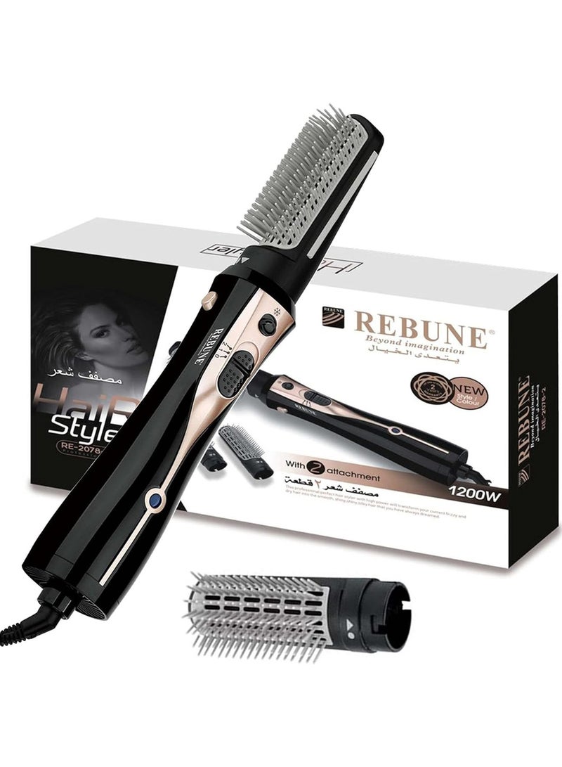 REBUNE 1200W Electric Hair Styler Brush With 2 Attachment RE-2078-2 Black/Rose Rold - Image 1