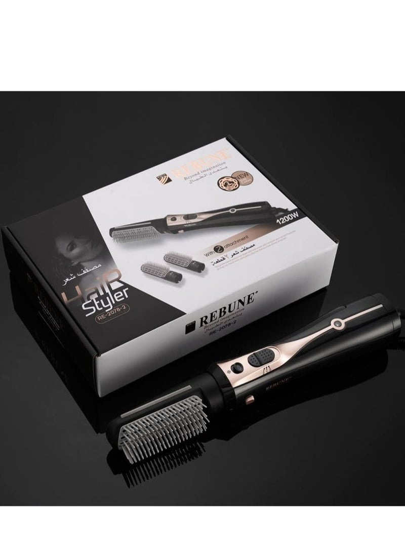 REBUNE 1200W Electric Hair Styler Brush With 2 Attachment RE-2078-2 Black/Rose Rold - Image 4