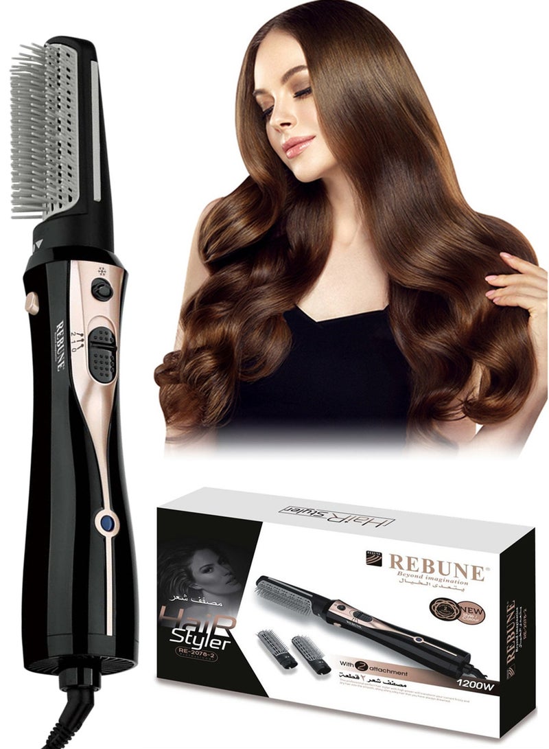 REBUNE 1200W Hair Dryer Brush Hot Air Styler 3 In 1 Electric Hair Styler Brush With 2 Attachment Black/Gold  - Image 1