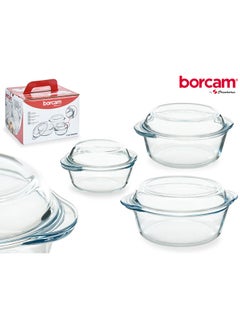 Pasabahce Borcam Glass Casserole with Lid Set Of 3 Pieces Cassarole1: 2100 cc 70 oz- Cassarole2: 1450 cc 48 1/4- Cassarole3: 840 cc 28 oz Clear 