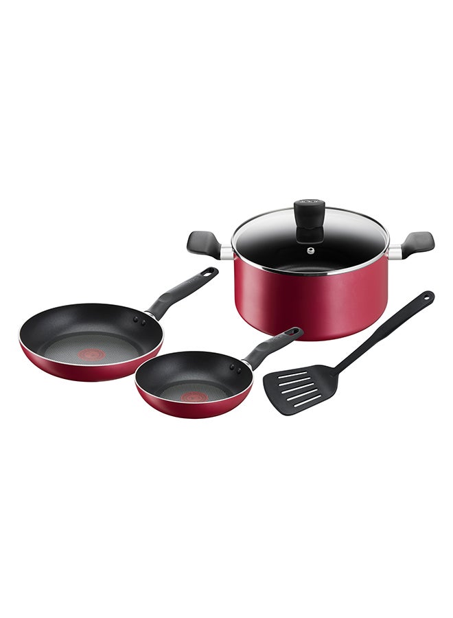 Tefal TEFAL Cookware Set of 5 Pieces | Super Cook | Frypans 20/24 cm / stewpot 24 cm+lid / slotted spatula | Non-Stick with Thermo Signal | Aluminium | Black | 2 Years Warranty | B460S584 Red 24cm 