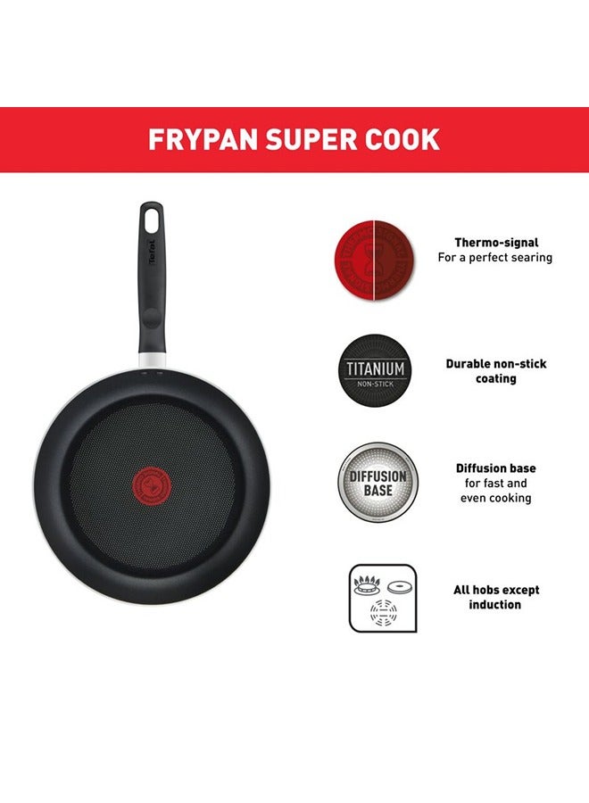 Tefal - TEFAL Cookware Set of 7 Pieces | Super Cook | Frypan 24 cm/Saucepan 18 cm+lid/Stewpot 24 cm+Lid/Spoon/Slotted Spatula | Non-Stick with Thermo Signal | Aluminium | Black | 2 Years Warranty | B459S784 Black 24cm - Image 1