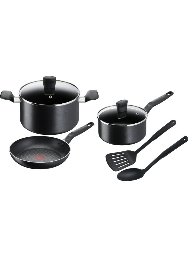 تيفال TEFAL طقم أواني طهي مكون من 7 قطع | سوبر كوك | مقلاة 24 سم/ قدر 18 سم + غطاء/ قدر 24 سم + غطاء/ ملعقة/ ملعقة مسطحة مشقوقة | غير لاصق مع مؤشر حرارة Thermo Signal | ألومنيوم | أسود | ضمان لمدة سنتين | B459S784 24سم - Image 1