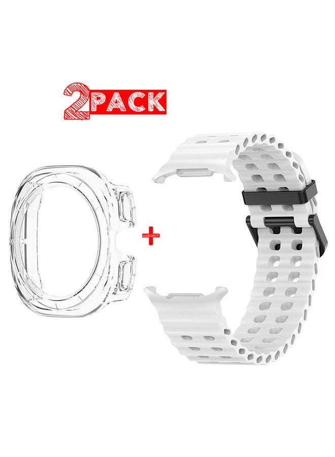 MARGOUN - (for Samsung Galaxy Watch 7 Ultra 47mm) 2 Packs Silicone Band and Case, Soft Ocean Silicone Sport Strap Replacement Accessory White - Image 1