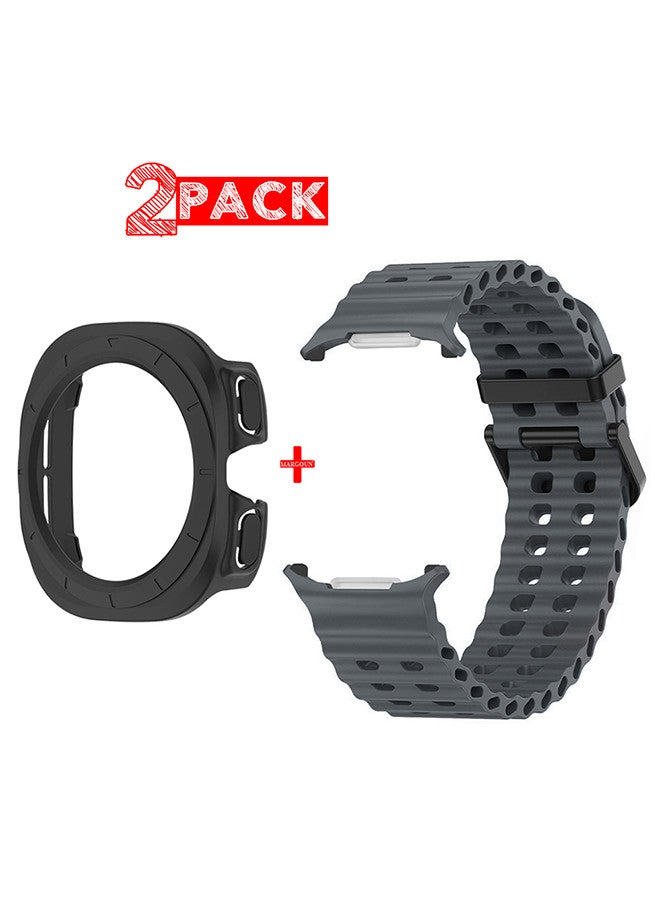 MARGOUN - (for Samsung Galaxy Watch 7 Ultra 47mm) 2 Packs Silicone Band and Case, Soft Ocean Silicone Sport Strap Replacement Accessory Dark Grey - Image 1