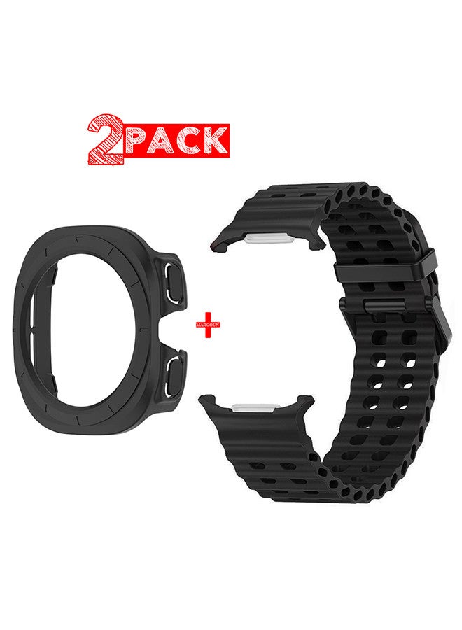 MARGOUN - (for Samsung Galaxy Watch 7 Ultra 47mm) 2 Packs Silicone Band and Case, Soft Ocean Silicone Sport Strap Replacement Accessory Black - Image 1