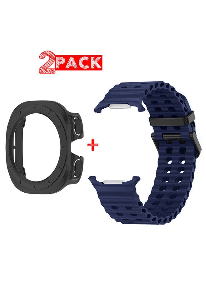 MARGOUN - (for Samsung Galaxy Watch 7 Ultra 47mm) 2 Packs Silicone Band and Case, Soft Ocean Silicone Sport Strap Replacement Accessory Dark Blue - Image 1