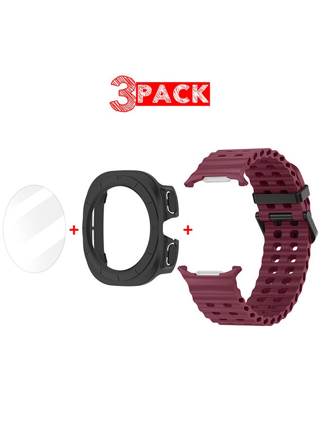 MARGOUN (for Samsung Galaxy Watch 7 Ultra) 3 Packs Silicone Band, Case and Screen Protector, Soft Ocean Silicone Sport Strap Replacement Accessory Maroon  - Image 1