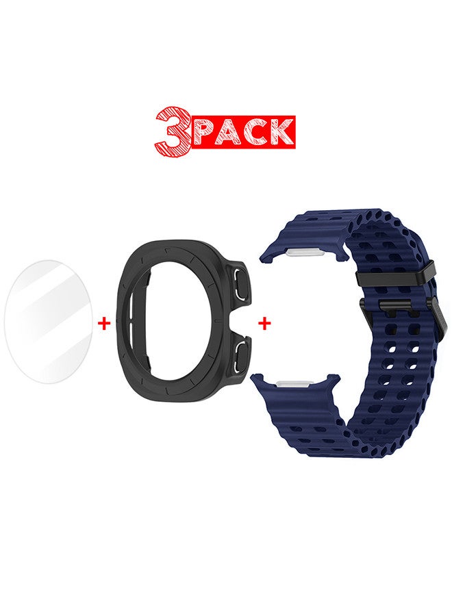 MARGOUN - (for Samsung Galaxy Watch 7 Ultra) 3 Packs Silicone Band, Case and Screen Protector, Soft Ocean Silicone Sport Strap Replacement Accessory Dark Blue - Image 1