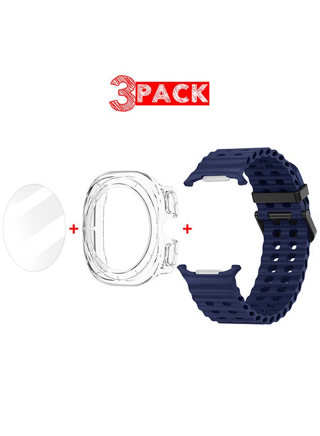 MARGOUN (for Samsung Galaxy Watch 7 Ultra) 3 Packs Silicone Band, Case and Screen Protector, Soft Ocean Silicone Sport Strap Replacement Accessory Dark Blue - Image 1