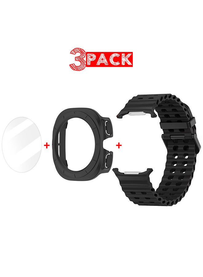MARGOUN (for Samsung Galaxy Watch 7 Ultra) 3 Packs Silicone Band, Case and Screen Protector, Soft Ocean Silicone Sport Strap Replacement Accessory Black  - Image 1