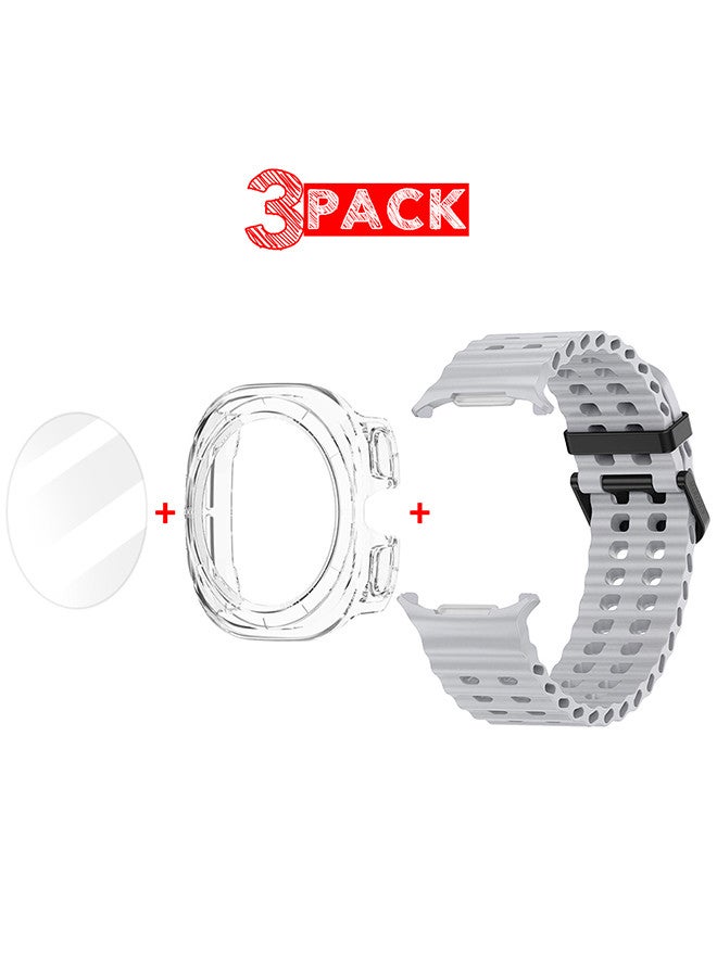 MARGOUN (for Samsung Galaxy Watch 7 Ultra) 3 Packs Silicone Band, Case and Screen Protector, Soft Ocean Silicone Sport Strap Replacement Accessory Light Grey  - Image 1