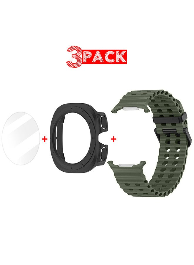 MARGOUN - (for Samsung Galaxy Watch 7 Ultra) 3 Packs Silicone Band, Case and Screen Protector, Soft Ocean Silicone Sport Strap Replacement Accessory Dark Green - Image 1