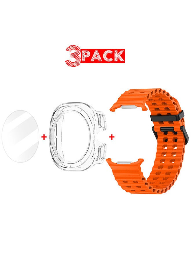 MARGOUN (for Samsung Galaxy Watch 7 Ultra) 3 Packs Silicone Band, Case and Screen Protector, Soft Ocean Silicone Sport Strap Replacement Accessory Orange  - Image 1