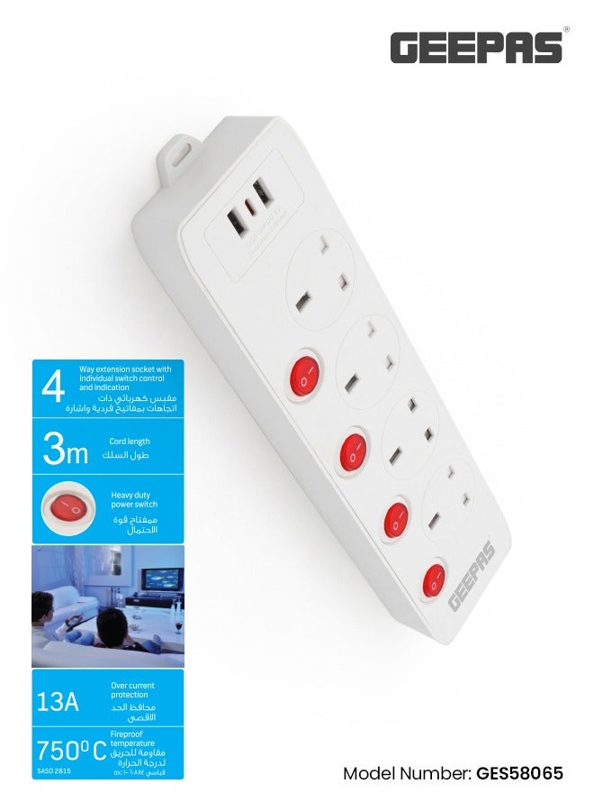 مقبس تمديد بأربعة اتجاهات من Geepas مع مفاتيح فردية ومنفذي USB باتجاهين، مع حماية ضد الحرائق/ سلك بطول 3 أمتار