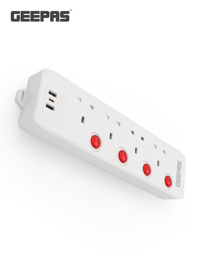 مقبس تمديد بأربعة اتجاهات من Geepas مع مفاتيح فردية ومنفذي USB باتجاهين، مع حماية ضد الحرائق/ سلك بطول 3 أمتار