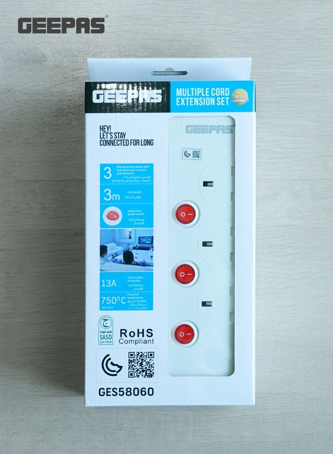 GEEPAS Geepas 3-way Extension Socket with Individual Switches Fire Proof Protection/ 3-meter Cord, Ideal for Home, Office 3meter - Image 1