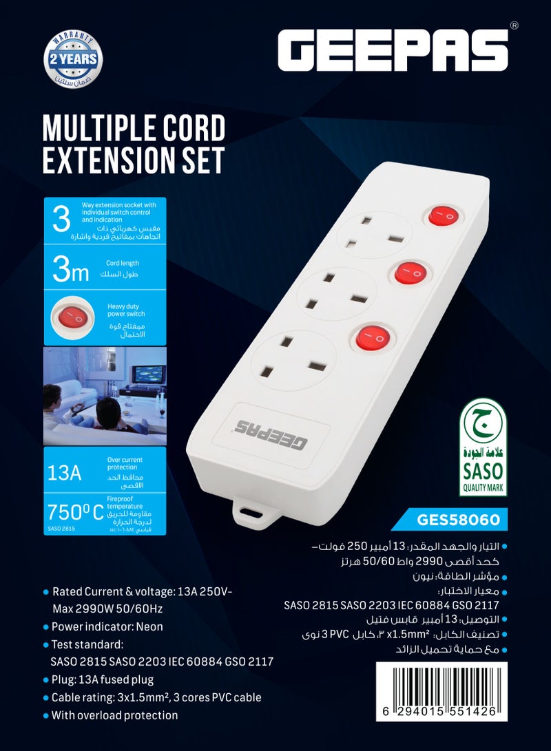 GEEPAS Geepas 3-way Extension Socket with Individual Switches Fire Proof Protection/ 3-meter Cord, Ideal for Home, Office 3meter - Image 4