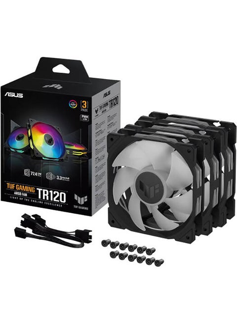 TUF Gaming TR120 ARGB Standarad Blade Fan, 120mm Fans, Up to 2000 rpm Fan Speed, 77.4 CFM Airflow, Aura Sync Compatiblity, PWM Control, Tripple Pack Black