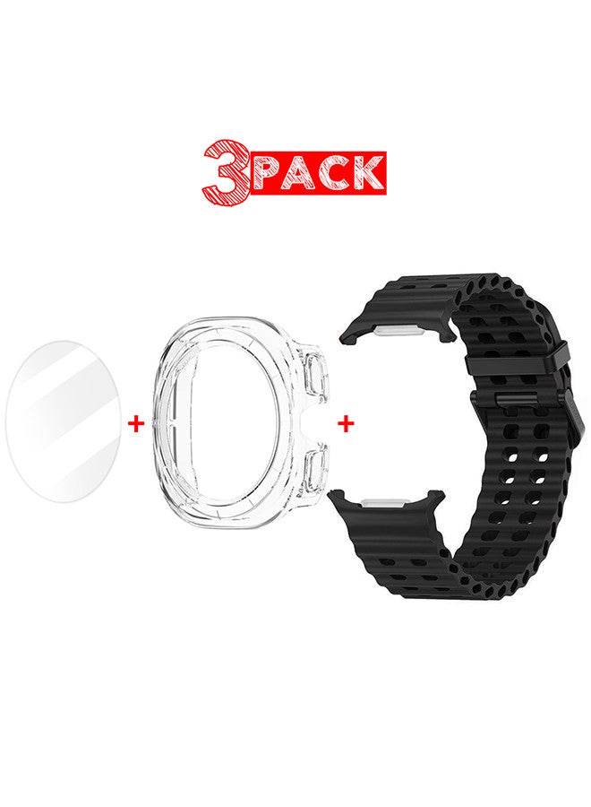 MARGOUN (for Samsung Galaxy Watch 7 Ultra) 3 Packs Silicone Band, Case and Screen Protector, Soft Ocean Silicone Sport Strap Replacement Accessory Black  - Image 1