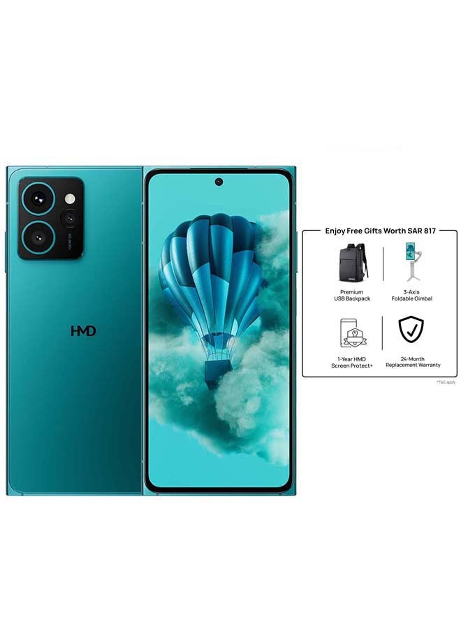 أتش أم دي Skyline 5G Dual SIM Blue Topaz 12+12GB RAM 256GB With USB Backpack + 3 Axis Foldable Gimbal + Screen Damage Protection Card - Middle East Version 