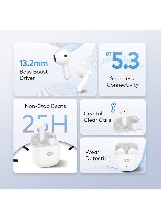 ITEL Bluetooth Earphones Sahara Edition S10, Bass Drivers Boost wireless Earbuds, Bluetooth 5.3 Low Latency, Crystal-Clear Calls, 25H Playtime Creamy White - Image 4