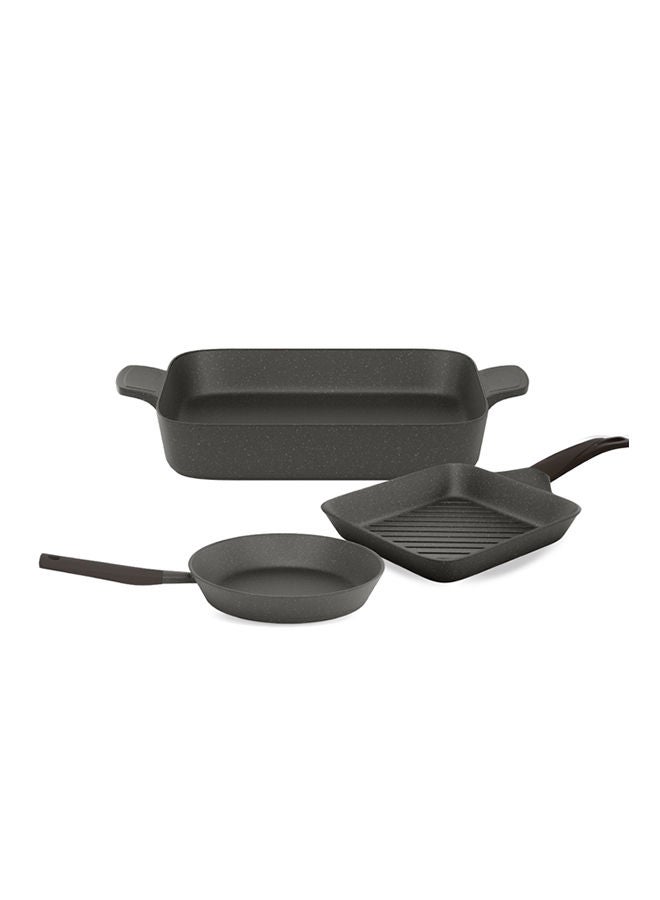 PYREX 3 Piece Frying Pan Set Artisan Grill 28 -Frying Pan 26-Ovendeish 31 cm- 2 silicone holder as a Gift Grey 
