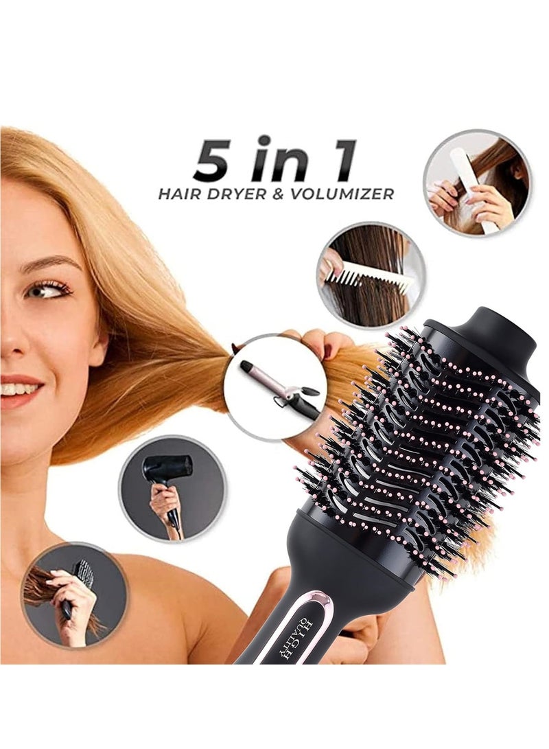 REBUNE - RE-2512 Hair Dryer Brush 1200W 5 In 1 Hot Air Styler Negative Ion Blow Dryer for Hair Styling Drying Volumizing and Curling with Ion Care High-Speed Motor Hair Styler Black/Gold - Image 1