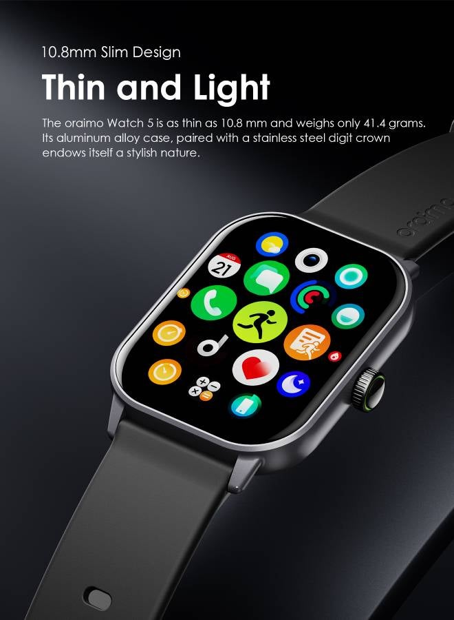 Oraimo - Watch 5 Bluetooth Call Smart Watch 2.01inch HD Display Fitness Watch, 300 mAh, Scratch-resistant &Anti-Explosion Tempered Glass Screen with 100+ Sports Modes & Blood Oxygen & Heart Rate Monitor, Waterproof Light Chrome Black - Image 1