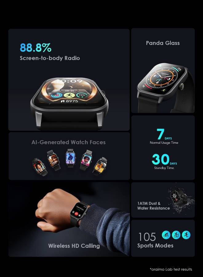 Oraimo - Watch 5 Bluetooth Call Smart Watch 2.01inch HD Display Fitness Watch, 300 mAh, Scratch-resistant &Anti-Explosion Tempered Glass Screen with 100+ Sports Modes & Blood Oxygen & Heart Rate Monitor, Waterproof Light Chrome Black - Image 1