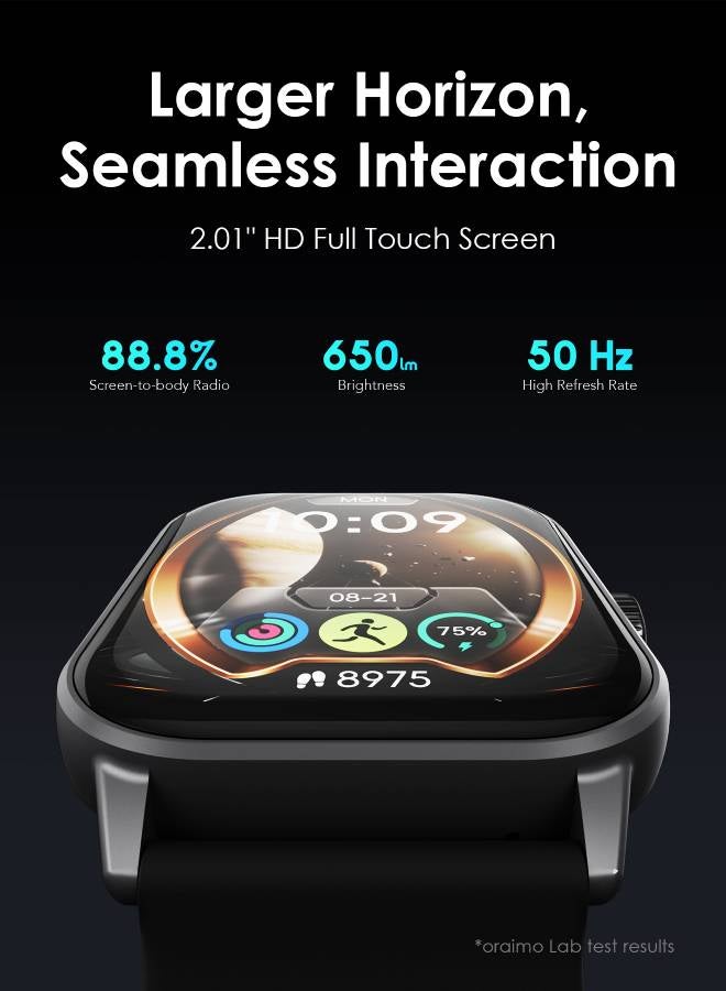 Oraimo - Watch 5 Bluetooth Call Smart Watch 2.01inch HD Display Fitness Watch, 300 mAh, Scratch-resistant &Anti-Explosion Tempered Glass Screen with 100+ Sports Modes & Blood Oxygen & Heart Rate Monitor, Waterproof Light Chrome Black - Image 1