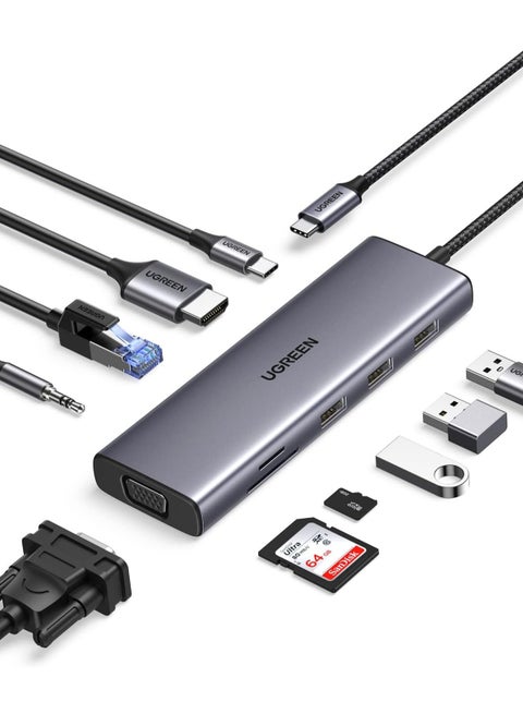 UGREEN USB C Hub, 10-in-1 USB-C Dongle with 4K HDMI & VGA Dual Monitor, 1Gbps Ethernet, 100W PD, 3 USB 3.0 Ports, 3.5mm Audio Jack, SD/TF Card Slots, USB C Hub Multiport Adapter for Laptop, Tablet Silver