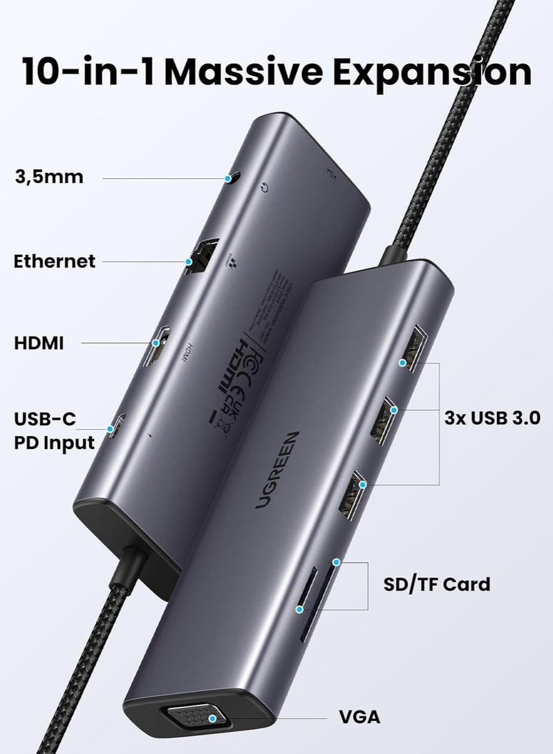 Ugreen - UGREEN USB C Hub, 10-in-1 USB-C Dongle with 4K HDMI & VGA Dual Monitor, 1Gbps Ethernet, 100W PD, 3 USB 3.0 Ports, 3.5mm Audio Jack, SD/TF Card Slots, USB C Hub Multiport Adapter for Laptop, Tablet Silver - Image 1