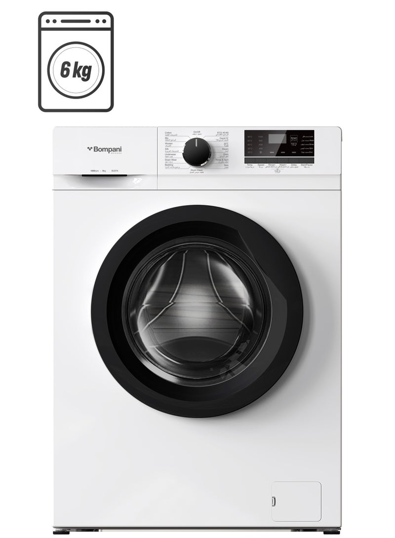 Bompani - 6 Kg Front Load Washing Machine, 16 Programs, LED Display, Push Button & Knob Control, IPX4 Rating With One Year Warranty 1950 W BI2876 White - Image 1