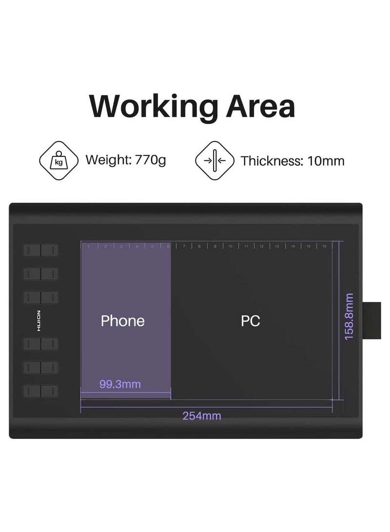 HUION Inspiroy H1060P Graphics Drawing Tablet | 12 Customizable Hot Keys, 8192 Pressure Sensitivity, Battery-Free Stylus | 10x6.25" Work Area Black  - Image 2