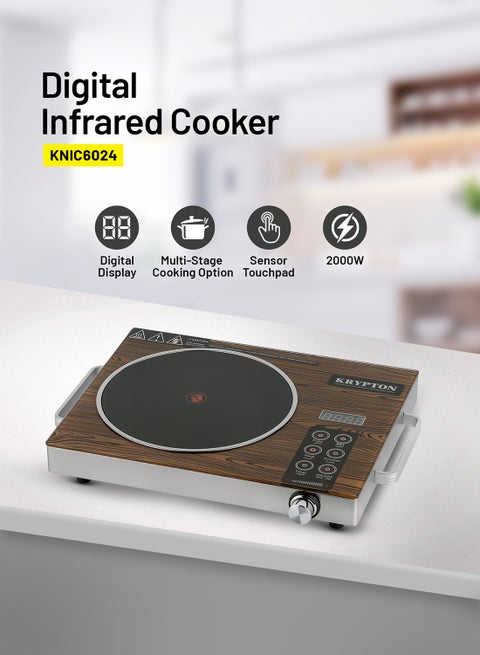 Digital Infrared Cooker- Single Cooking Hob, 2000-Watt Burner with Adjustable Temperature, Energy Saving/ Touch and Sensor Touchpad Control, Multi Functions Include Fried, BBQ, Soup, Timer, 2 Years Warranty KNIC6024 Multicolour