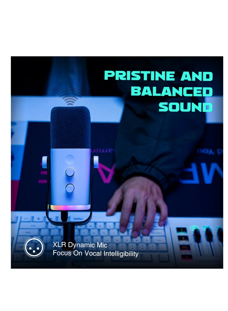 TAM8 RGB Gaming Microphone with Boom Arm - Adjustable Arm, XLR Dynamic Mic, RGB Lighting, USB Connection - Compatible with Desktop, PS4/5, Laptop TAM8W White