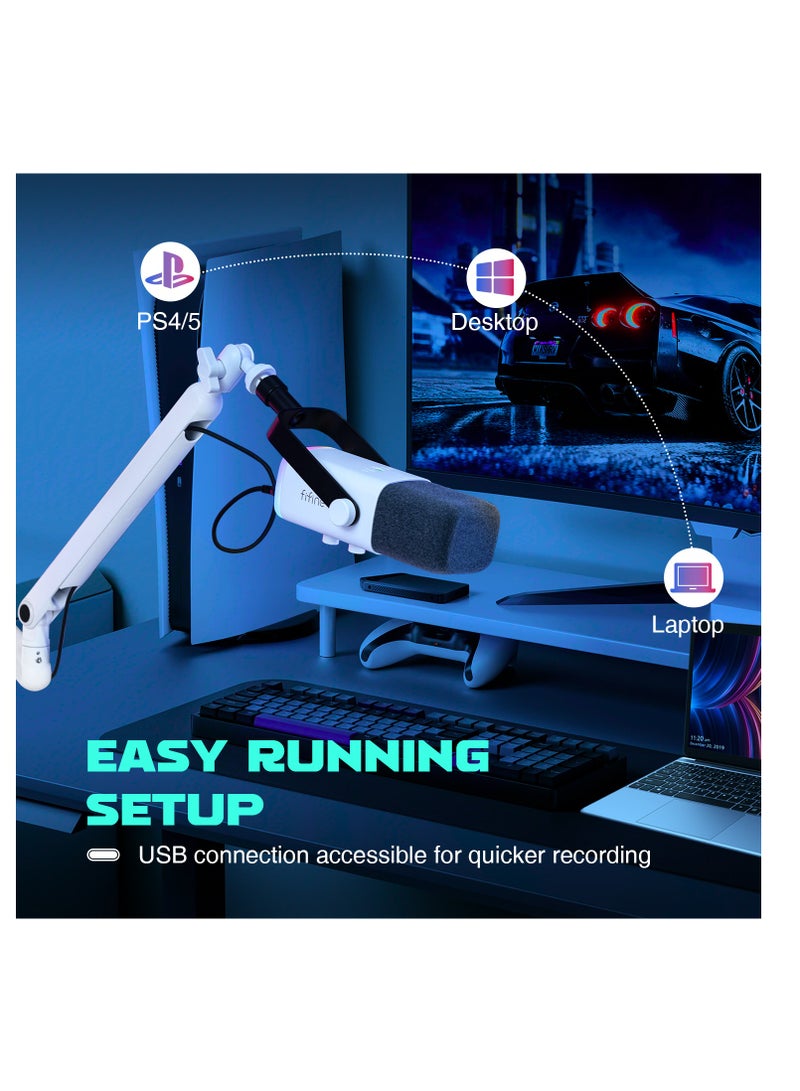 TAM8 RGB Gaming Microphone with Boom Arm - Adjustable Arm, XLR Dynamic Mic, RGB Lighting, USB Connection - Compatible with Desktop, PS4/5, Laptop TAM8W White