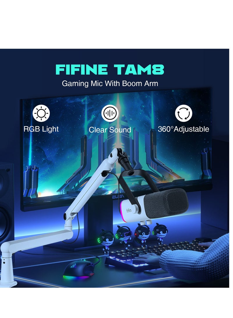 TAM8 RGB Gaming Microphone with Boom Arm - Adjustable Arm, XLR Dynamic Mic, RGB Lighting, USB Connection - Compatible with Desktop, PS4/5, Laptop TAM8W White