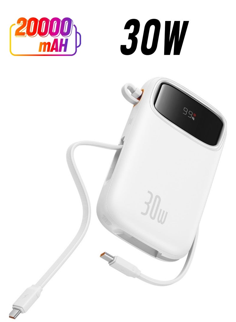 Baseus 20000 mAh Fast Charging Power Bank, 30W Power Delivery With Built-in Cables & LED Display, USB C Battery Pack for iPhone 15 Series, Samsung S24/S23, iPad and Android Phones, Ideal for Travel White  - Image 1