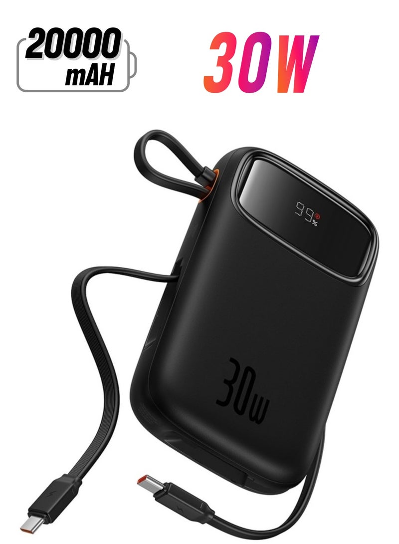 Baseus 20000 mAh Fast Charging Power Bank, 30W Power Delivery with Built-in Cables & LED Display, USB C Battery Pack for iPhone 15 Series, Samsung S24/S23, iPad and Android Phones, Ideal for Travel Black  - Image 1